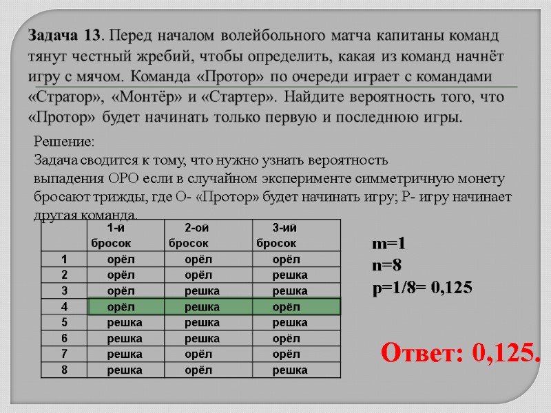 Задача 13. Перед началом волейбольного матча капитаны команд тянут честный жребий, чтобы определить, какая